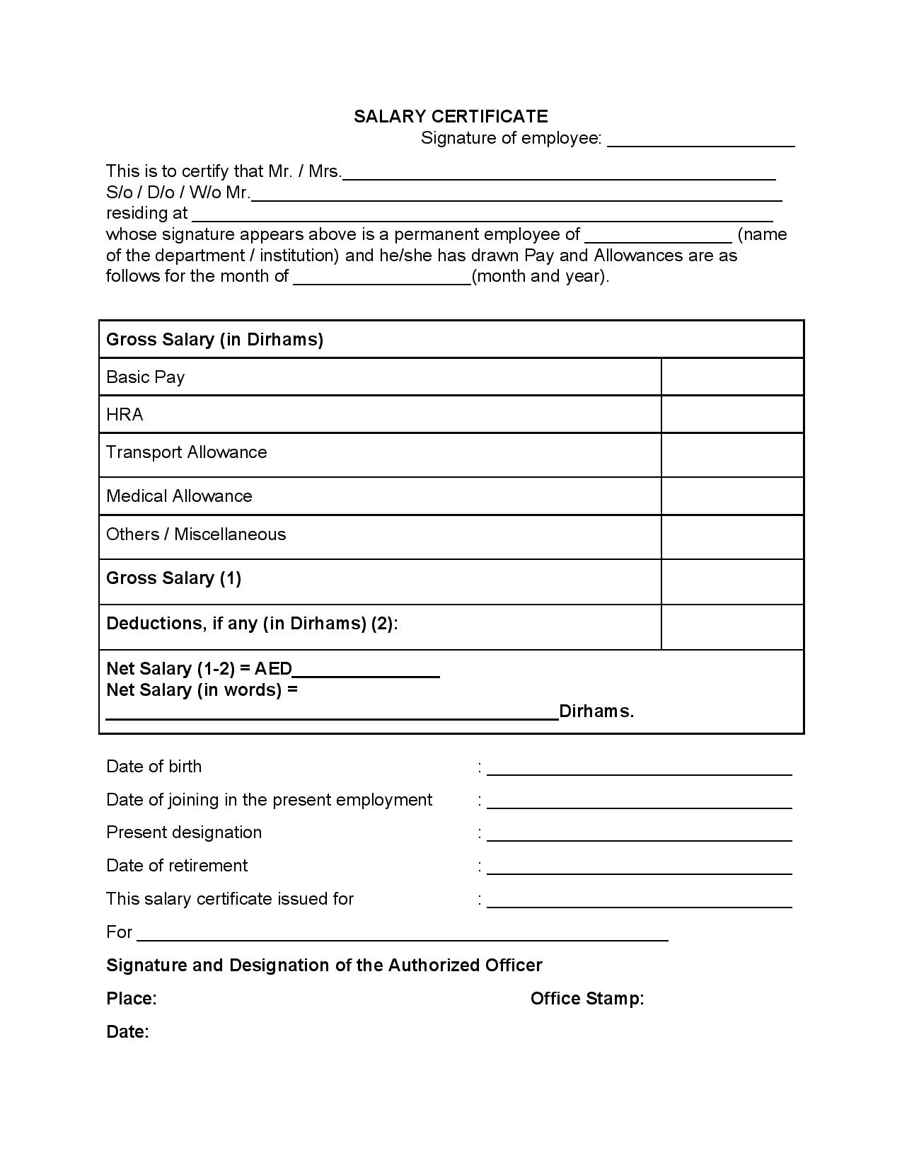 Salary Certificate Format UAE